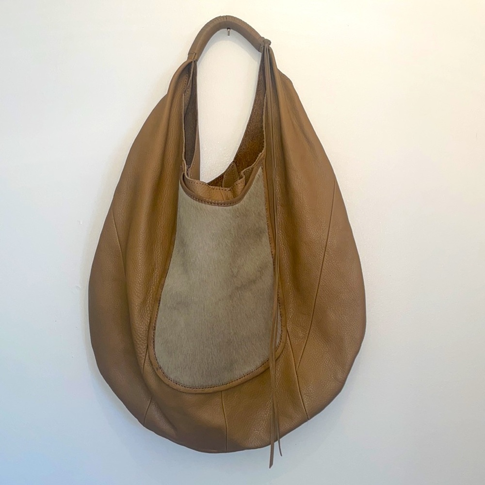 HOBO Tan Leather Hobo Bag with Beige Haircalf Pocket